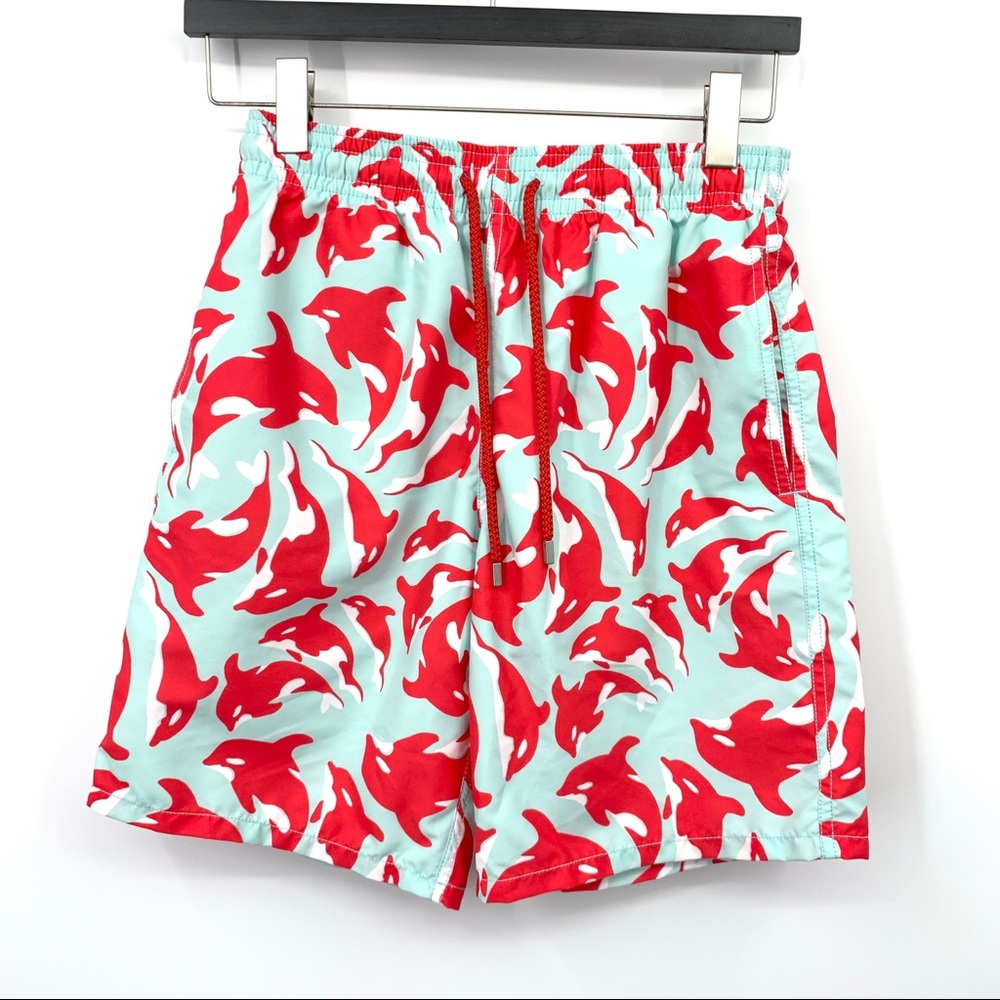 Vilebrequin Men Medium Shorts Swim Trunks Bathing Suit Blue Red Dolphin Printed